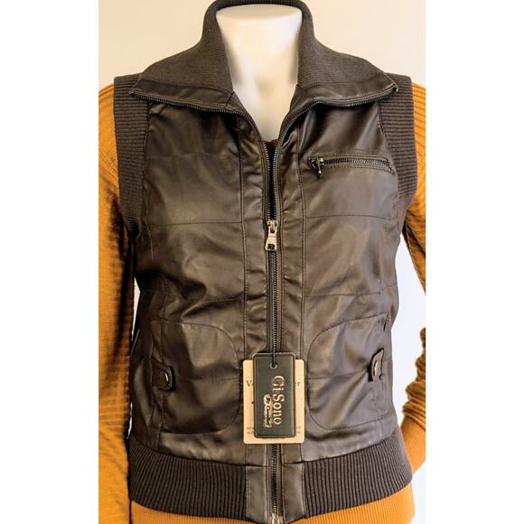 Ci Sono by Cavalini Cropped Vest Small Brown Vegan Faux Leather Collar NEW - Picture 2 of 12
